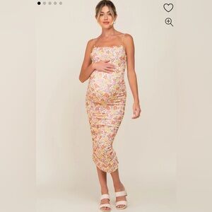 Pink Blush Yellow Floral Mesh Knit Ruched Maternity Midi Dress